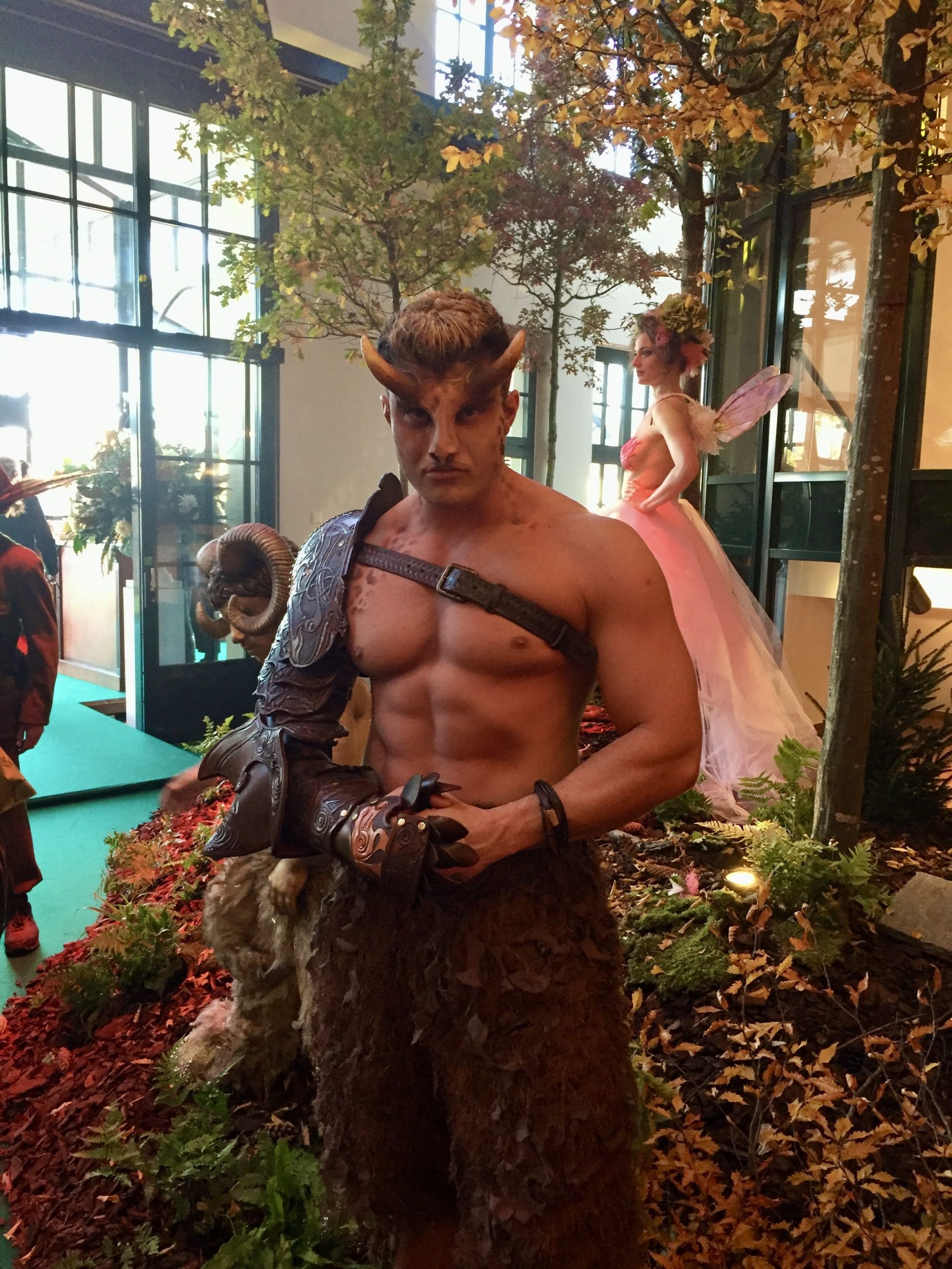 Rogan Oconnor Jogan Faun satyr enchanted garden Narnia woodland glade magical midsummers nights dream costume leather armour arm piece tooled latex prosthetic airbrush body painting