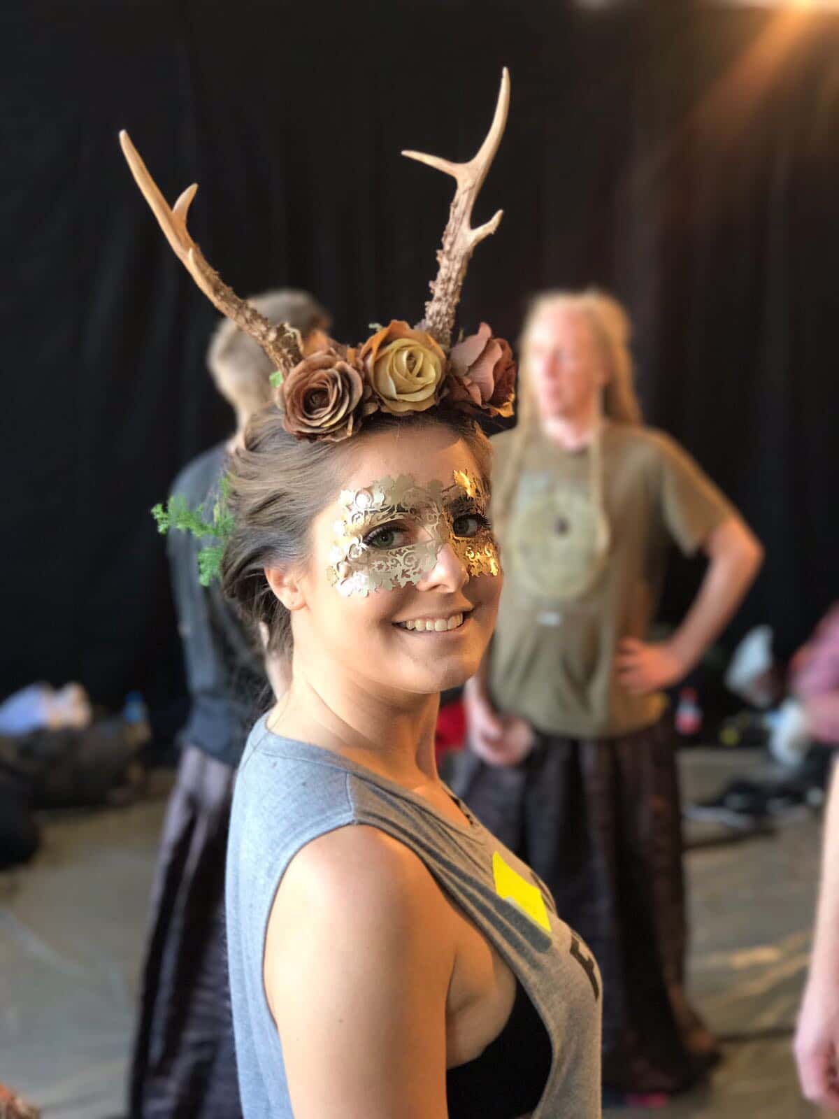 Enchanted fairy forest party faun female model rose crown horns antlers mask Bambi performers for events face-lace