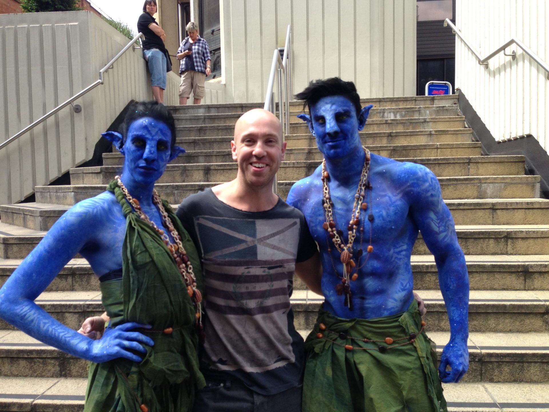 Body painter for events in London with two body painted circus performers about to head to a gala dinner to perform Neil Hughes