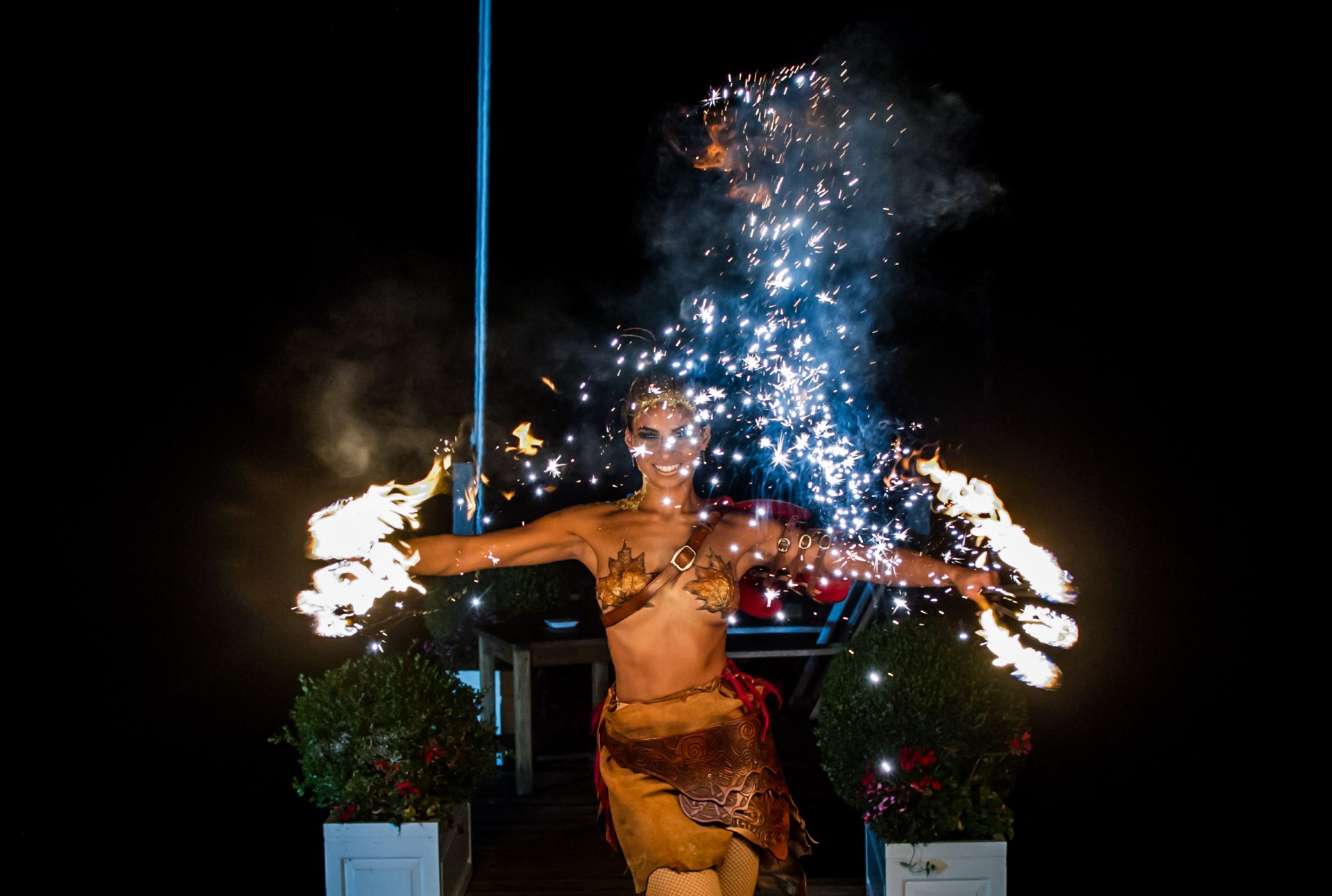 Fire breathing puck faun performer act for party event garden party ideas