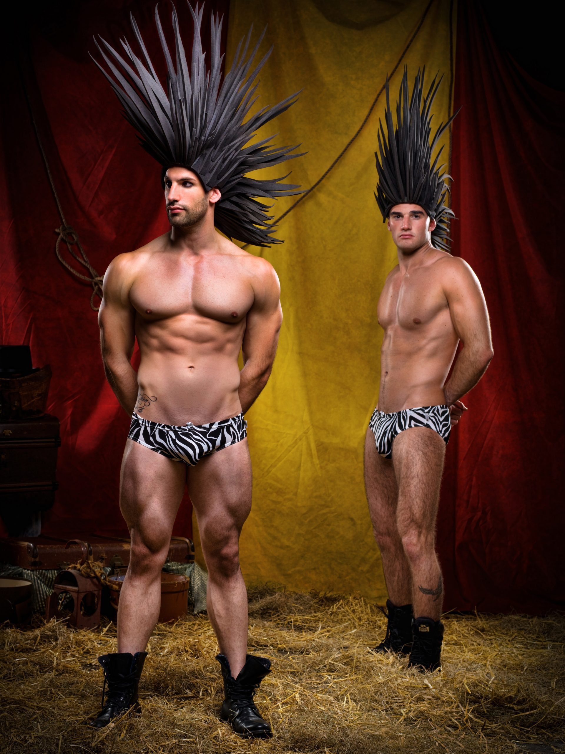 Zebra punk mohawk wigs foam male model muscle fitness hosts for event parties and productions speedos