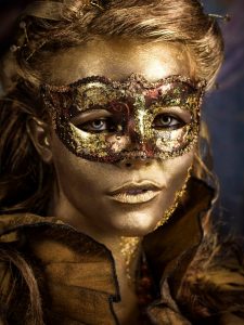 Gold body painting paint make-up body art female model masked ball masks masquerade