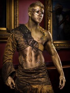 Gold body painting paint make-up body art female model masked ball masks masquerade