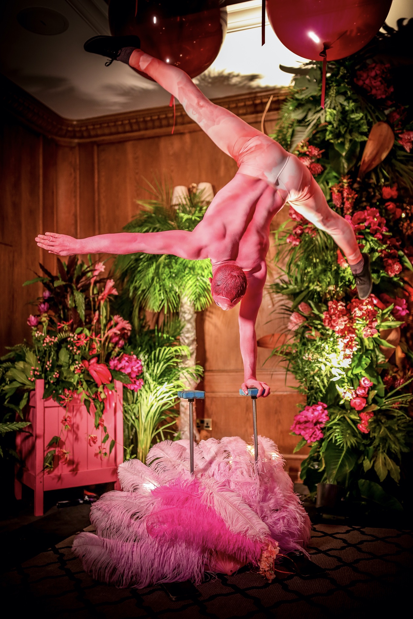 Pink flamingo circus themed act for hire London feathers body painting Pink flamingo circus themed act for hire London feathers body painting