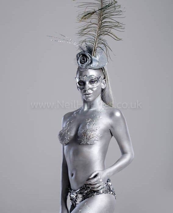 body painted silver female model