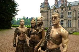 Golden masked ball body painted performers for events