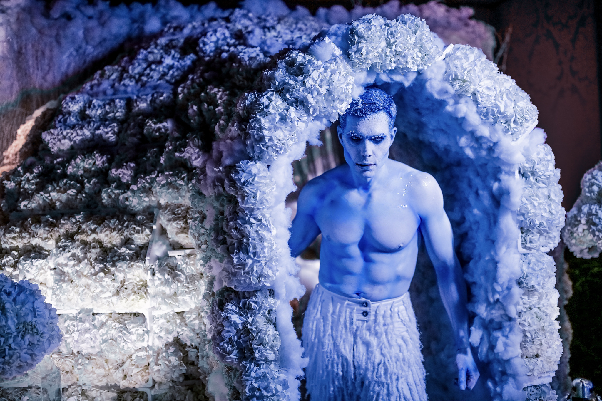Neil Hughes Productions Winter Wonderland Christmas Party Jack frost body painting from Amie Bone Fantasia Narnia Winter Wonderland Christmas Party Jack Frost