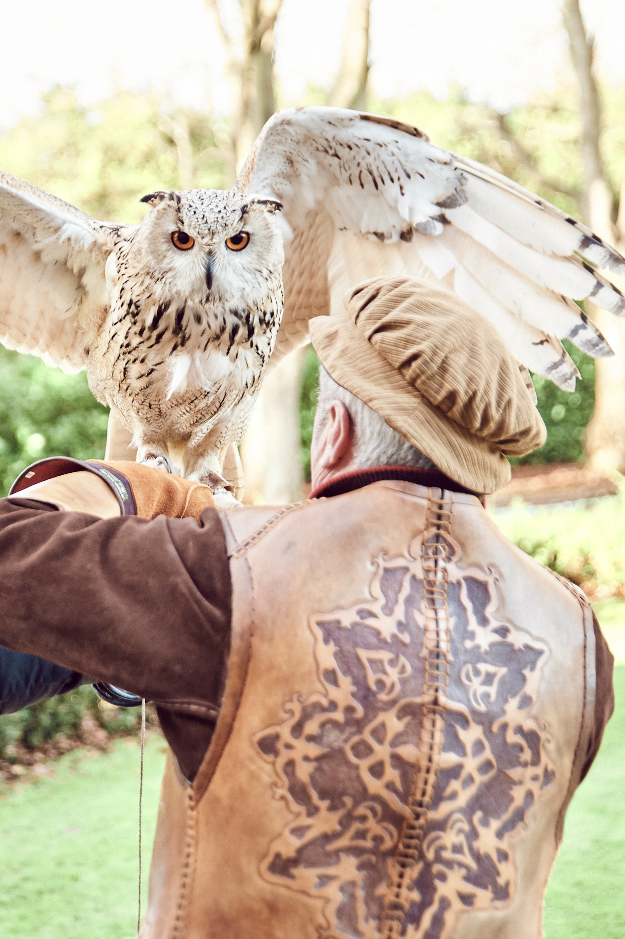 Owl Handler A photo of a falconer with an owl at a garden party event