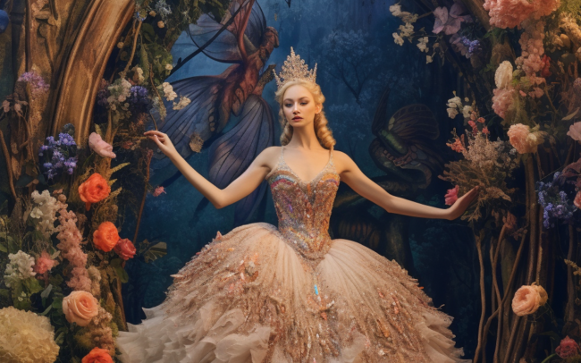 A photograph from a fairy tale wedding event. In the photograph is a beautiful fairy queen in an enchanted magical princess dress. She is surrounded by magical flowers and scenes of fantasy