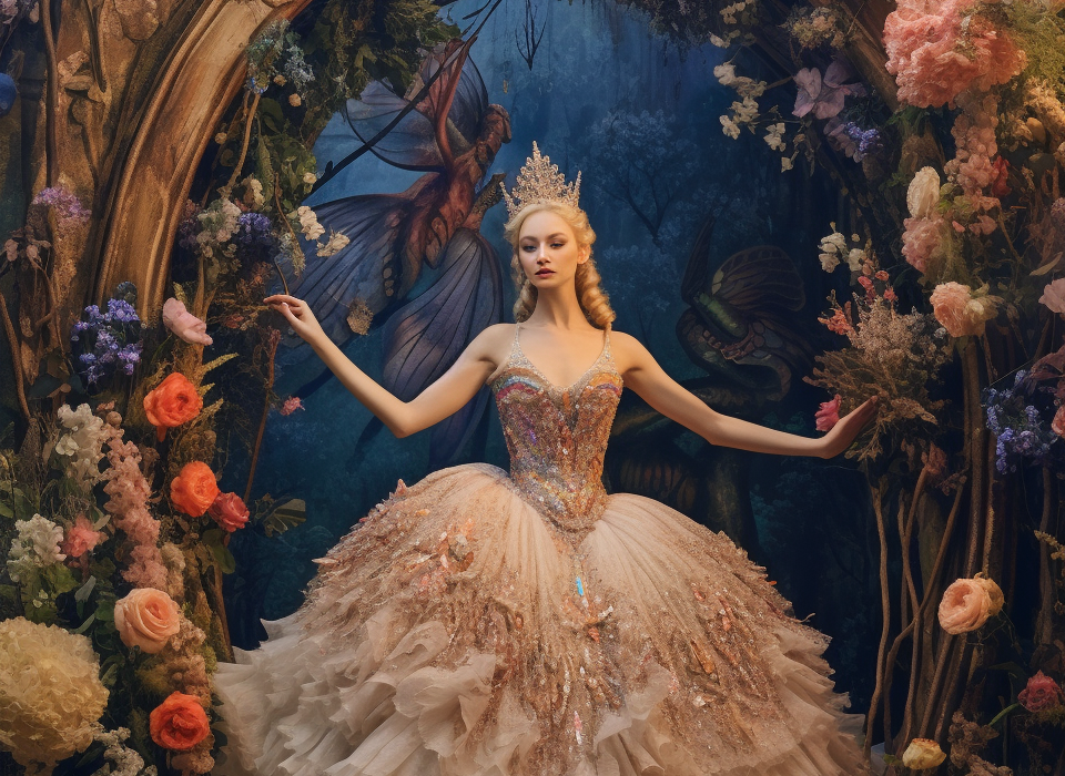 A photograph from a fairy tale wedding event. In the photograph is a beautiful fairy queen in an enchanted magical princess dress. She is surrounded by magical flowers and scenes of fantasy